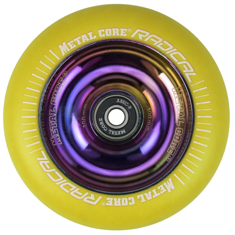 RYE100RW, Rueda de 100mm RADICAL fluorescent goma amarilla y nucleo rainbow Metal Core