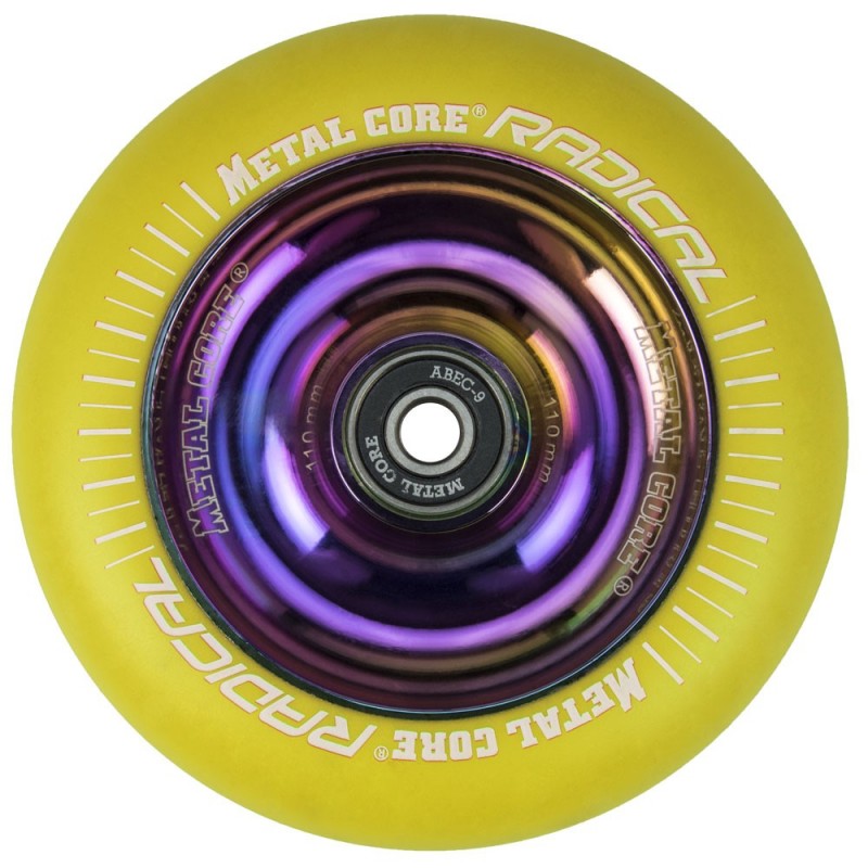 RYE110RW, Rueda de 110mm RADICAL fluorescent goma amarilla y nucleo rainbow Metal Core RYE110RW, Rueda de 110mm RADICAL fluorescent goma amarilla y nucleo rainbow Metal Core