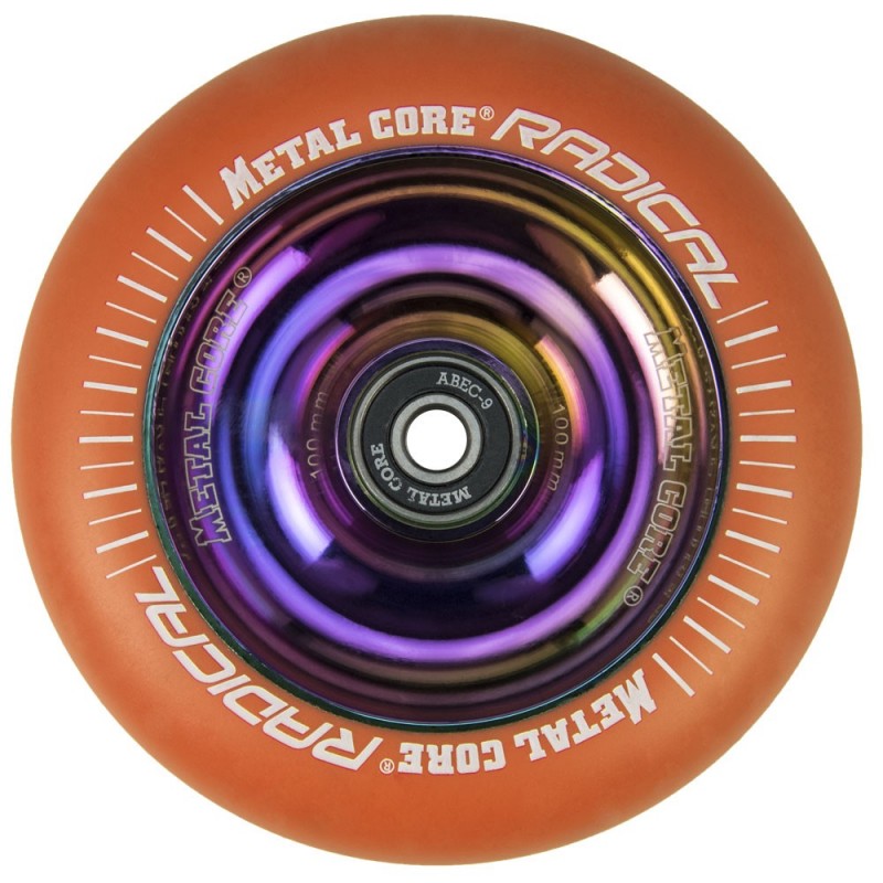 ROR100RW, Rueda de 100mm RADICAL fluorescent goma naranja y nucleo rainbow Metal Core