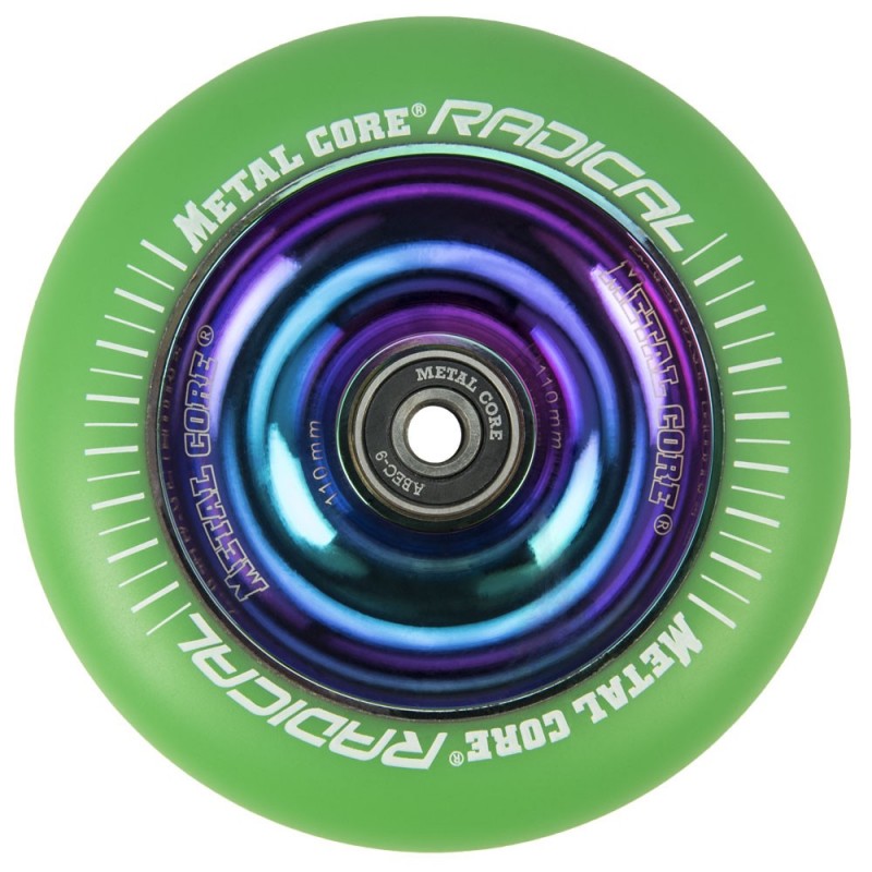 RGR110RW, Rueda de 110mm RADICAL fluorescent goma verde y nucleo rainbow Metal Core RGR110RW, Rueda de 110mm RADICAL fluorescent goma verde y nucleo rainbow Metal Core