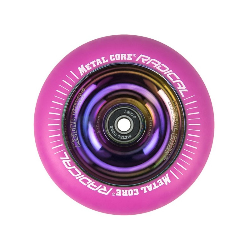 RPINK100RW, Rueda de 100mm RADICAL fluorescente, goma rosa y núcleo rainbow Metal Core