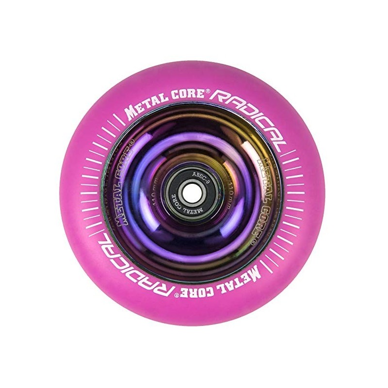 RPINK110RW, Rueda de 110 mm RADICAL fluorescente, goma rosa y núcleo rainbow Metal Core